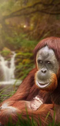 Transform your phone into a natural wonder with this stunning live wallpaper! Immerse yourself in the beauty of nature with an orangutan enjoying the lush scenery of long grass waiting beside a flowing waterfall