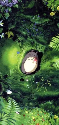 This phone live wallpaper depicts an awe-inspiring image of a totoro in a forest, creating a peaceful and picturesque atmosphere
