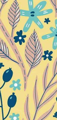 This phone live wallpaper showcases a vibrant yellow background adorned with an alluring pattern of flowers and leaves