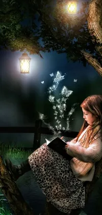 A captivating phone live wallpaper featuring a young girl nestled in a tree, engrossed in a book