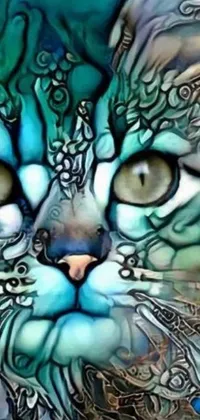 This phone live wallpaper showcases a stunning close-up of a cat depicted in a captivating airbrush painting featuring psychedelic art with greenish-blue tones