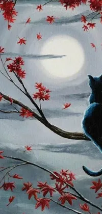 This phone live wallpaper showcases a stunning acrylic painting of a cat perched on a tree branch