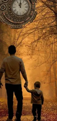 This live phone wallpaper features a captivating painting of a man and child walking together in a dark, mystical forest