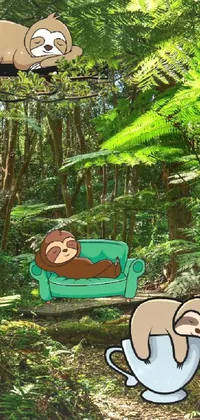 This is a delightful phone live wallpaper featuring cartoon animals relaxing in a lush green forest
