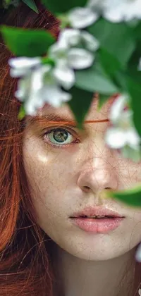 This captivating live phone wallpaper features a close-up shot of a stunning red-haired woman with vibrant freckles on her nose and cheeks