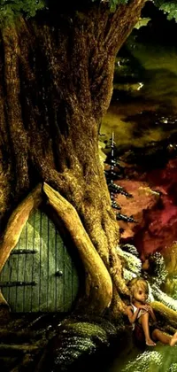 This phone live wallpaper depicts a mesmerizing painting of a man seated in front of a tree, surrounded by the beautiful interior of a hobbit hole
