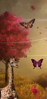 This phone live wallpaper features a digital painting of a serene giraffe resting in the grass, accented with delicate butterfly jewelry