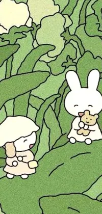 This phone live wallpaper features adorable rabbits lounging on a green field, alongside stunning nature scenes like a lush jungle forest, a sunny beach, colorful gardens with characters like Miffy, and floating balloons