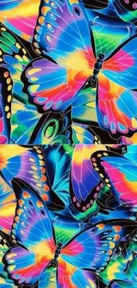 This is a stunning live wallpaper designed for phone screens, featuring a host of colorful butterflies set against a black backdrop
