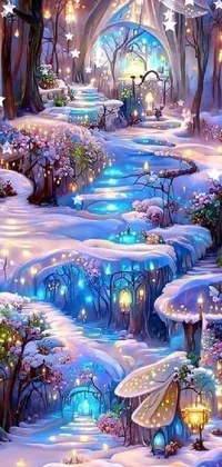 This live phone wallpaper features a detailed painting of a fairy castle in the snow, surrounded by a magical forest filled with gentle streams and glowing flowers