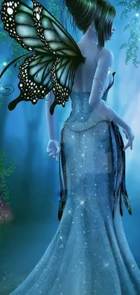 Transport to a mystical world with this stunning live wallpaper featuring a blue-dressed fairy in a whimsical forest with a butterfly on her back