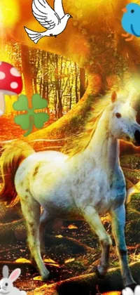 Discover a captivating live wallpaper featuring a scenic forest with a magnificent white horse standing amongst the foliage