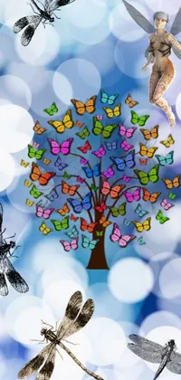 This live wallpaper showcases a group of dragonflies flying around a tree in an eco-art style