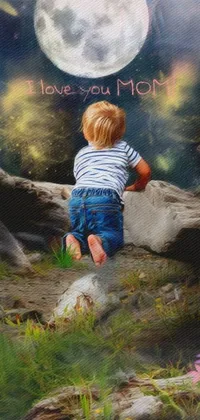 This live wallpaper features a young boy standing in a grassy field, with a woman sitting on a log in the background