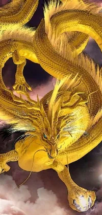 This phone live wallpaper depicts a yellow dragon flying through a cloudy sky with dynamic, finely-detailed artwork