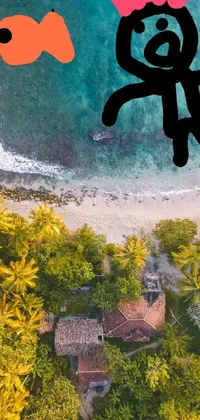 This phone live wallpaper features a stick figure man flying amidst a cartoon-style tropical beach paradise