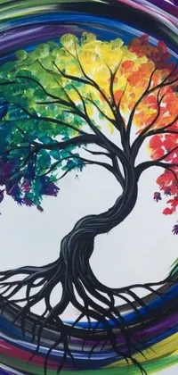 Looking for a vibrant and colorful live wallpaper for your phone? Check out this beautiful phone wallpaper featuring a rainbow-colored tree painted in acrylic