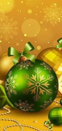 Spruce up your phone's screen with this live wallpaper featuring a green Christmas ornament and a beautifully decorated table