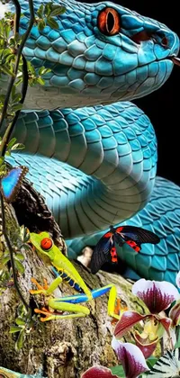 This mesmerizing live wallpaper depicts a realistic blue snake resting on a tree branch