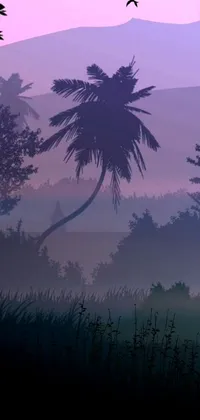 This phone live wallpaper showcases a soothing scene of birds flying above a vibrant green field, surrounded by tropical trees with a dreamy misty purple glow