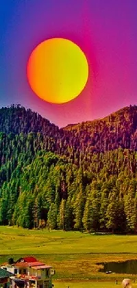 This live wallpaper showcases a group of people standing atop a vibrant, green field, surrounded by an idyllic, paradise-worthy landscape with a cherry red sun