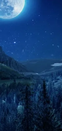 This phone live wallpaper features an enchanting image of a full moon surrounded by a beautiful mountain valley