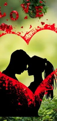 This lovely mobile live wallpaper depicts a romantic couple kissing in front of a heart-shaped image on a background of animated vines