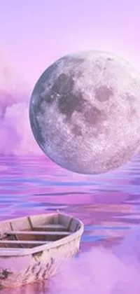 This live phone wallpaper features a surrealistic scene of a a boat gently floating on a tranquil body of water, illuminated by the magical glow of a large moon