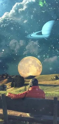 This stunning live wallpaper features a man resting on a bench beneath a surrealistic sky
