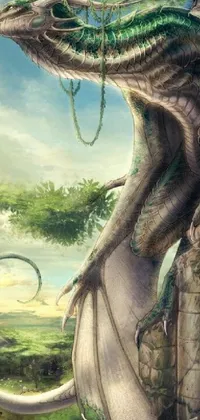 This phone live wallpaper showcases a stunning scene of fantasy, with a large dragon perched atop a lush green field