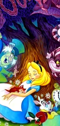 This is a colorful and imaginative phone live wallpaper featuring a group of playful cartoon characters gathered under a tree