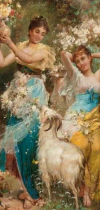 This stunning live wallpaper features an exquisite painting of two women and a goat surrounded by vibrant flowers and foliage