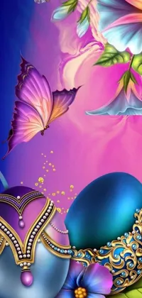 This phone live wallpaper boasts a beautiful blue egg surrounded by colorful flowers and butterflies