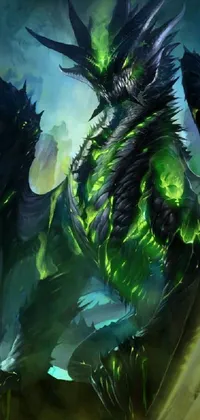 This live wallpaper boasts a beautifully detailed concept art of a green and black dragon, perfect for fantasy enthusiasts