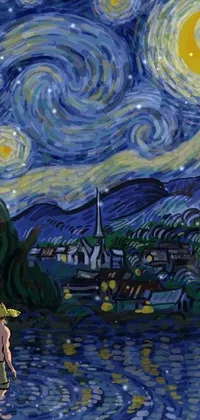 This live wallpaper features a beautiful painting inspired by post-impressionism, with a person standing in water under a star-filled sky and paisley pattern