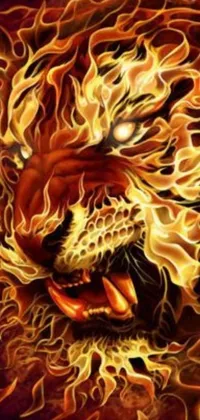 This live wallpaper depicts a fierce tiger with flames on its face in digital art format by Li Kan