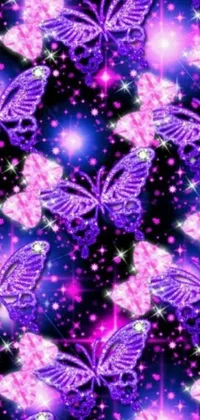 This captivating phone live wallpaper displays a digital art of fluttering purple butterflies in a galaxy background