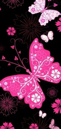 This pink butterfly live wallpaper features a bold and vibrant design on a sleek black background