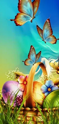 This live wallpaper for your phone is the perfect way to celebrate Easter! Featuring a basket overflowing with colorful Easter eggs and beautiful butterflies, this digital artwork by Zahari Zograf is truly mesmerizing