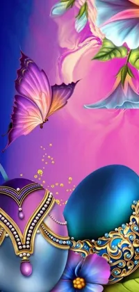 This phone live wallpaper is a stunning digital art creation with a blue egg as the centerpiece, surrounded by beautiful flowers and delicate butterflies