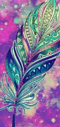 This vivid live wallpaper features a stunning feather perched atop a backdrop of gorgeous purple and blue hues in a delightful pointillism, Indian pattern style
