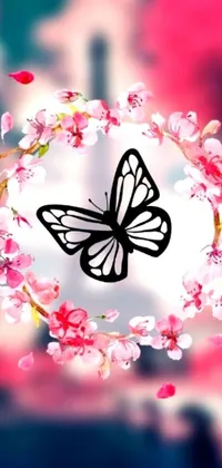 This phone live wallpaper depicts a mesmerizing digital art of a butterfly perched on top of a gorgeous pink flower