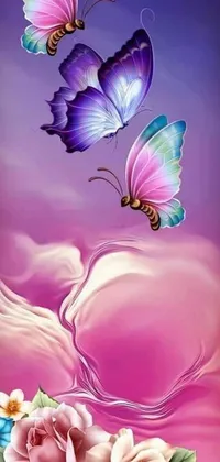 This phone live wallpaper features a beautiful painting of two butterflies and a rose, colored in shades of pink and purple