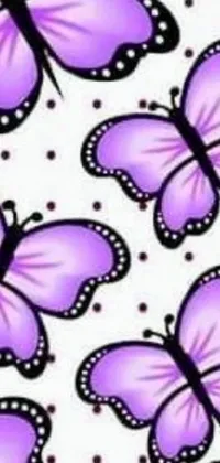 This lively phone live wallpaper features a collection of striking purple butterflies set against a vibrant white background