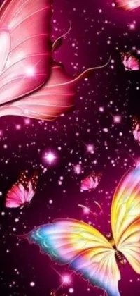 Looking for a stunning and magical live wallpaper for your phone? Check out this one featuring a colorful group of butterflies in flight! These beautiful creatures leave behind a trail of shimmering dust as they fly, and they're joined by glowing pink fireflies for an added touch of sparkle