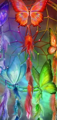 This live wallpaper showcases a colorful dream catcher with intricate feathers and butterflies in a vibrant swirl of colors