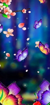 This enchanting phone live wallpaper features a group of butterflies soaring over a lush, green field set against a dark purple backdrop