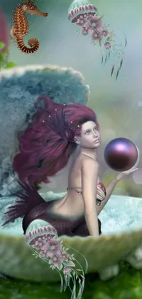 Indulge in the enchanting world of digital art with a mesmerizing live wallpaper featuring a stunning mermaid sitting inside a delicate shell, adorned with pearls