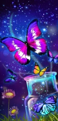 This stunning live wallpaper features a glass jar surrounded by colorful butterflies in an airbrush painting style on a black AMOLED background