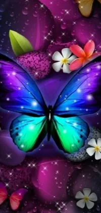 This lovely live wallpaper features a beautiful purple and blue butterfly surrounded by vibrant flowers